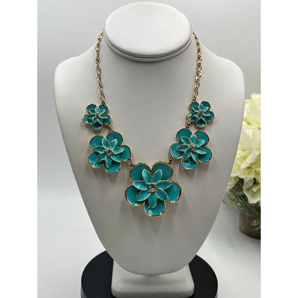 Kate Spade NY Beach House Blue Teal Enamel Flower Bouquet Necklace 12k plated - Picture 2 of 12